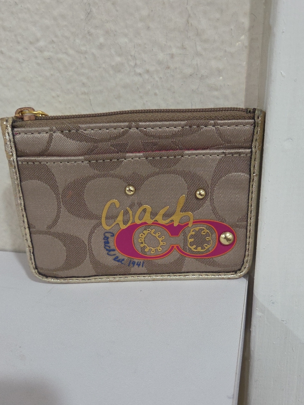 Coach Poppy  Signature Card Case in Khaki with Gold and Pink Accent